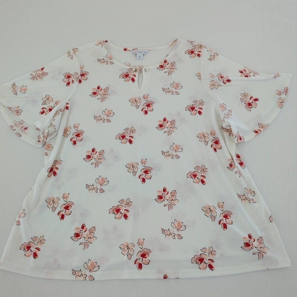 Liz Claiborne Ivory Floral Keyhole Neck Pearl Accent Flutter Sleeve Blouse 2X - Picture 5 of 14